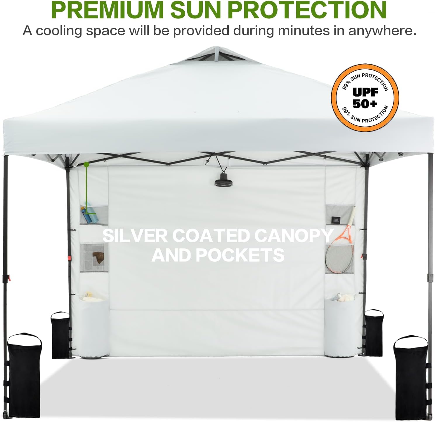 10'x10' Pop Up Canopy Tent with 1 Sidewall and 6 Pockets, One Push Setup, Instant Shade Tent with Vented Roof for Beach Patio Outdoor, Case, 8 Stakes, 4 Ropes, 4 Sandbags (White)